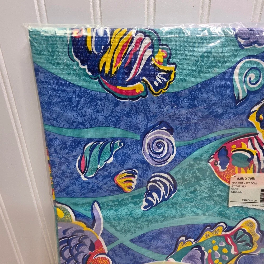Tobin By The Sea Vinyl Flannel Back Tablecloth 52x70 Oblong Tropical Fish Blue‎